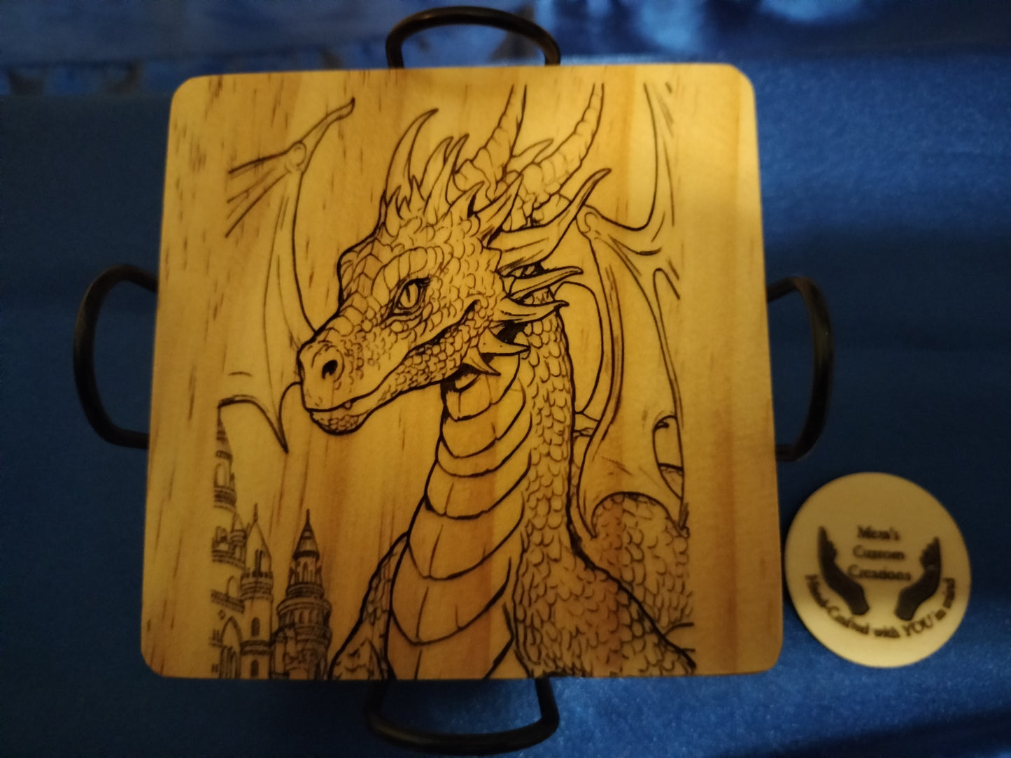 Dragon Engraved Wooden Coasters with Holder