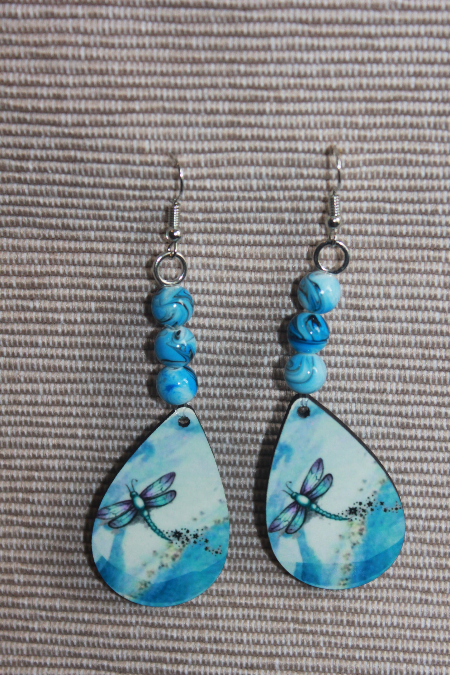 Tear drop Earrings - Beaded Blue Dragonfly