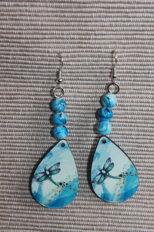 Tear drop Earrings - Beaded Blue Dragonfly