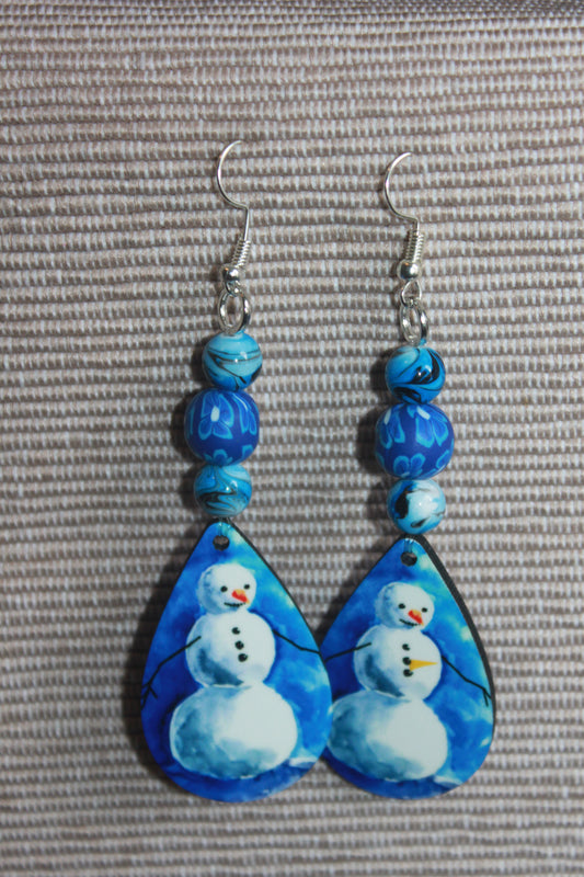 Tear drop Earrings - Blue Snowman