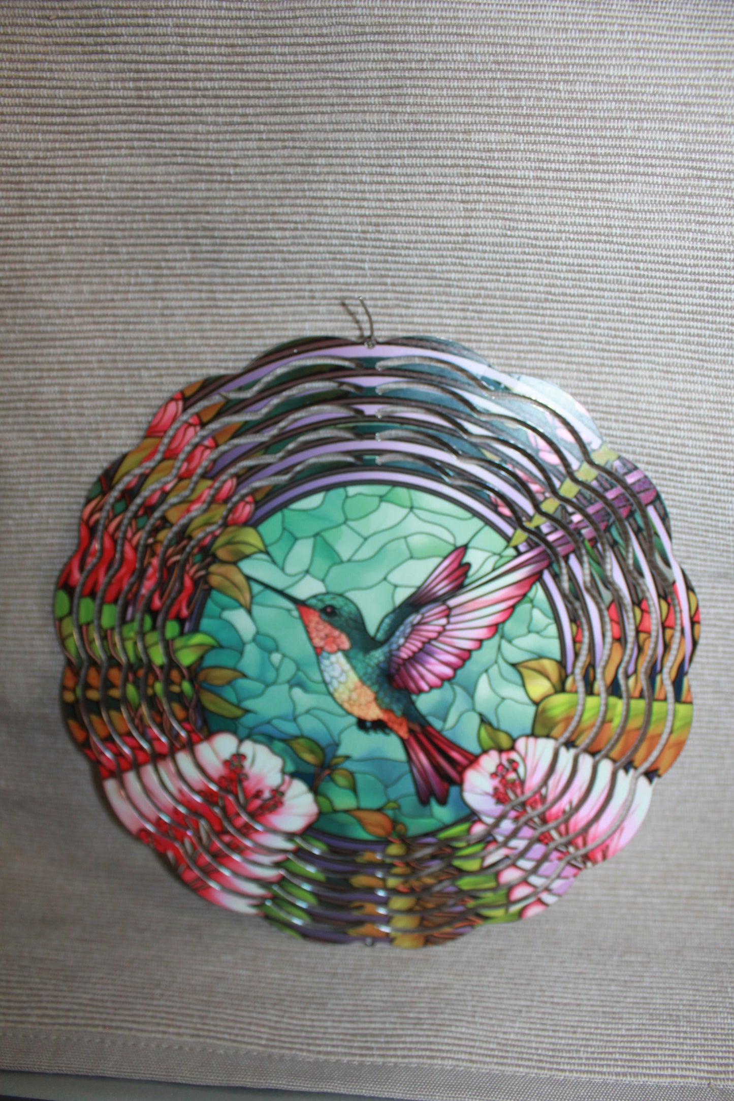 8" METAL WINDSPINNER - Stained Glass flying hummingbird