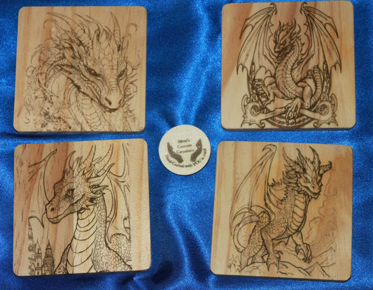 Dragon Engraved Wooden Coasters with Holder