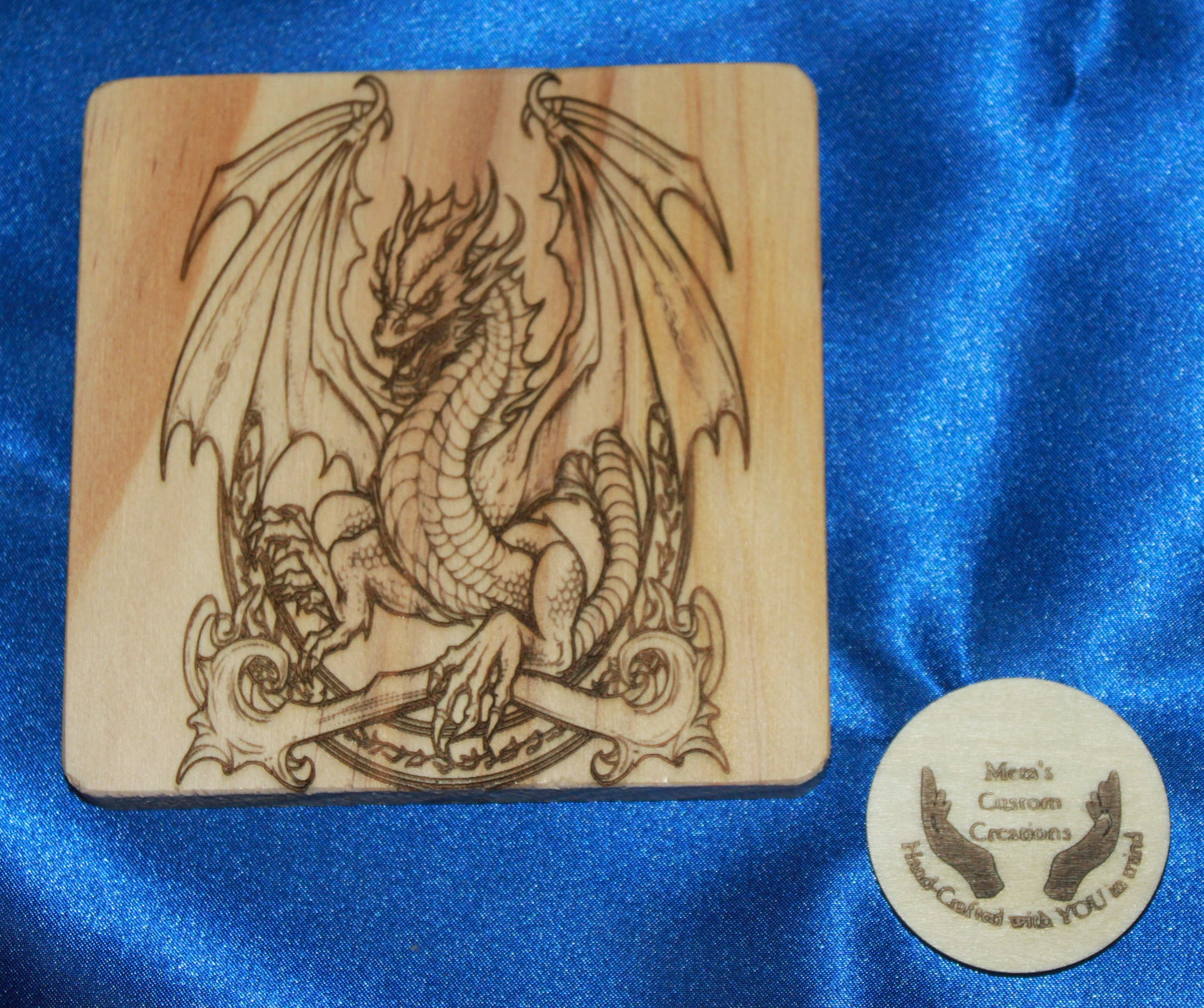 Dragon Engraved Wooden Coasters with Holder