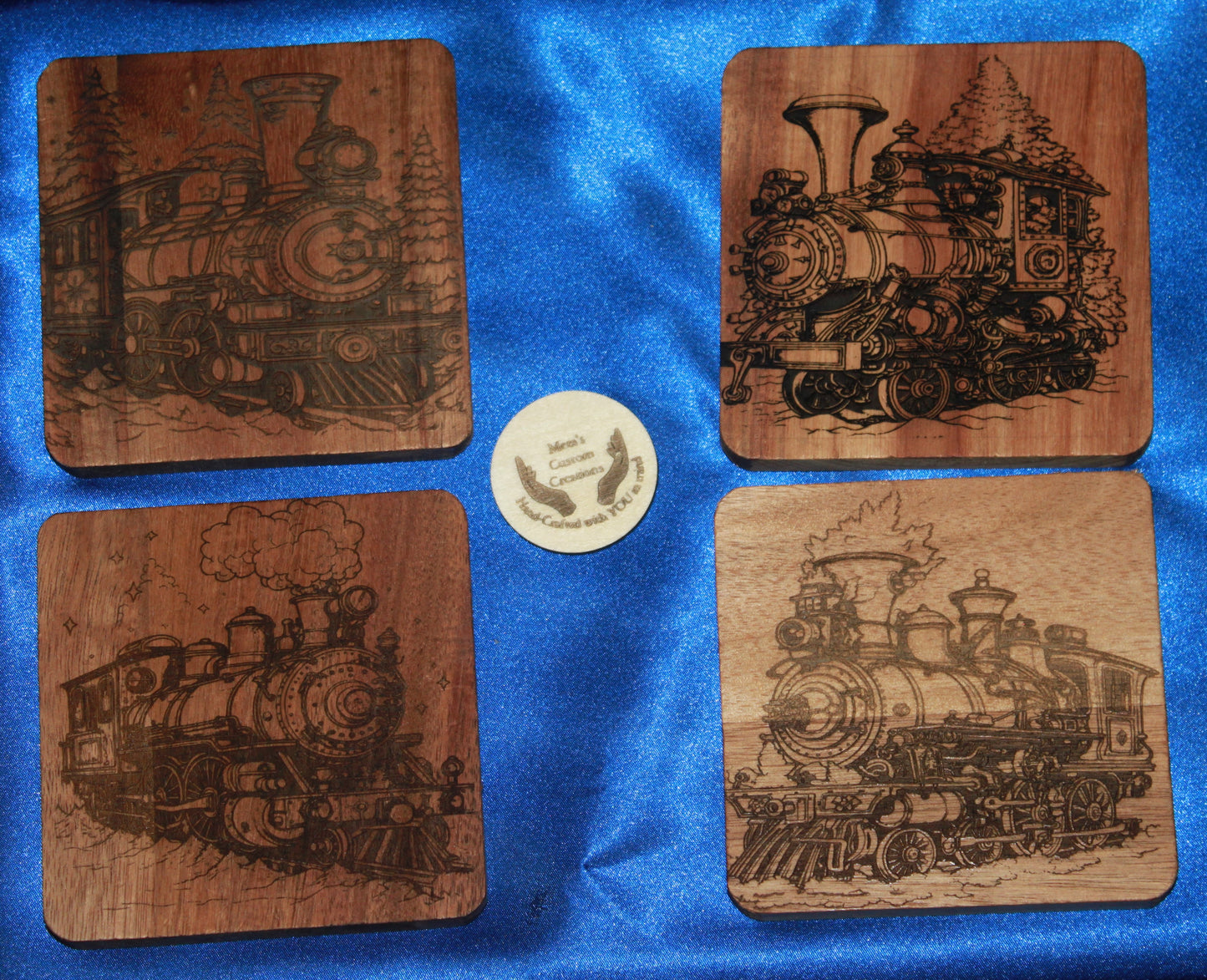 Engraved Wooden Trains  Coasters with Holder