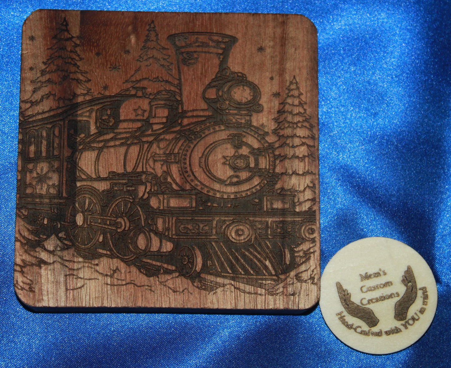 Engraved Wooden Trains  Coasters with Holder