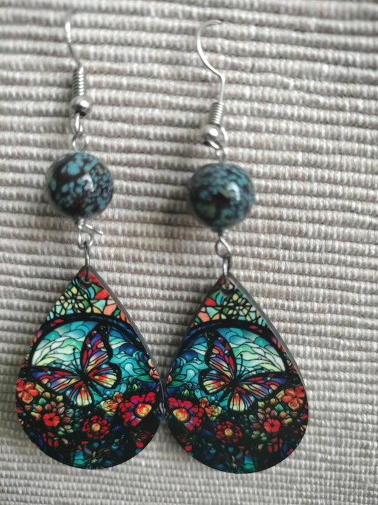 Tear drop Earrings - Beaded Blue Butterfly