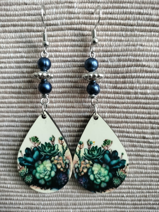 Tear drop Earrings - Beaded Blue Succulants