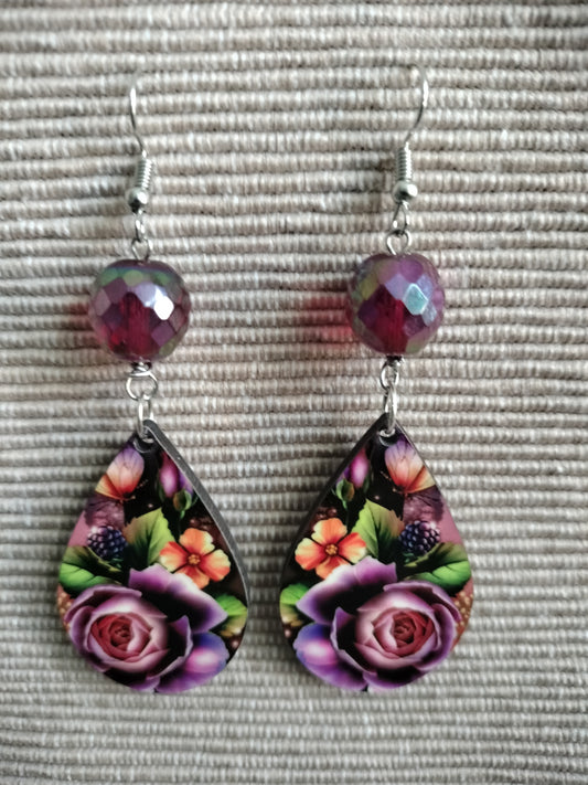 Tear drop Earrings - Beaded Purple Rose