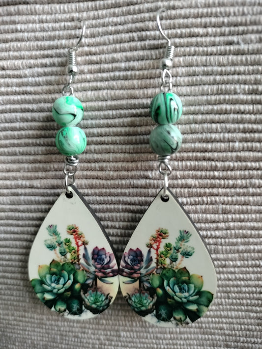 Tear drop Earrings - Beaded Green Succulent