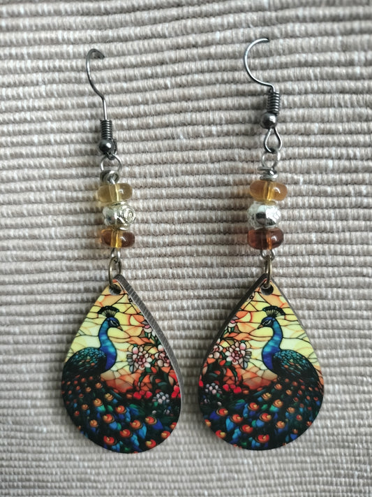 Tear drop Earrings - Beaded Orange Peacock