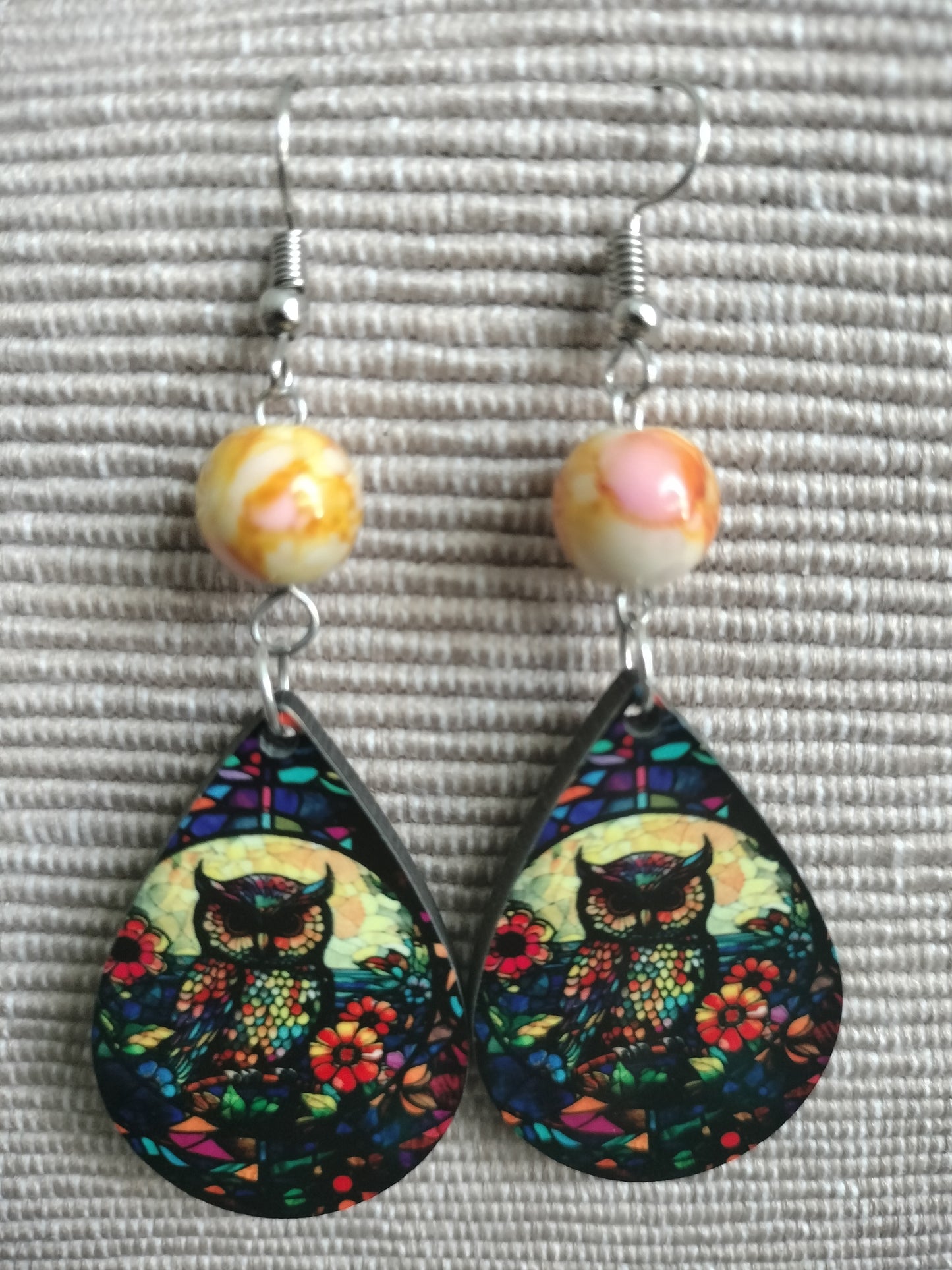 Tear drop Earrings - Beaded Yellow Owl