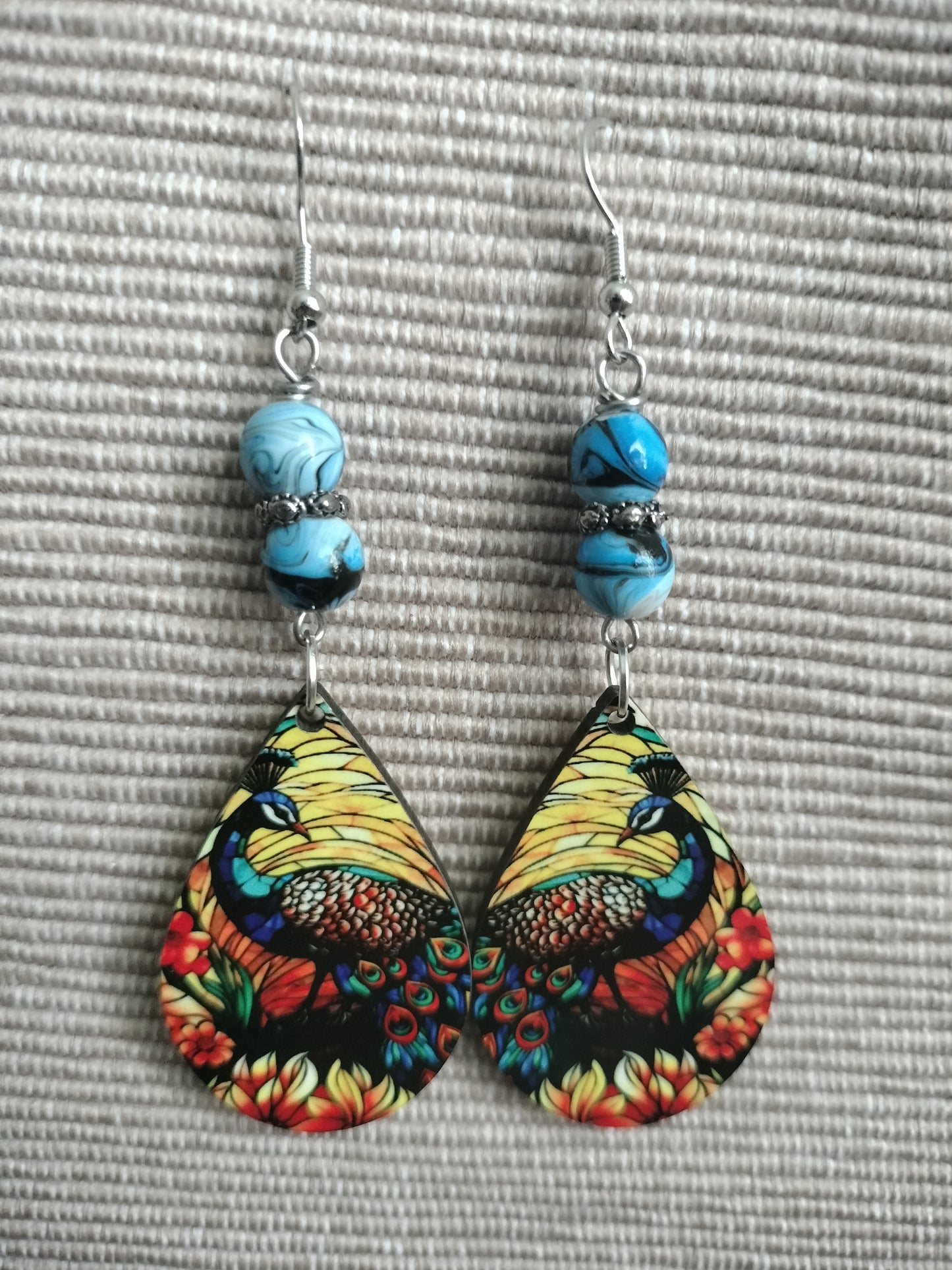 Tear drop Earrings - Beaded Yellow Peacock