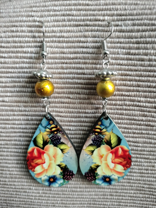 Tear drop Earrings - Beaded Yellow Rose