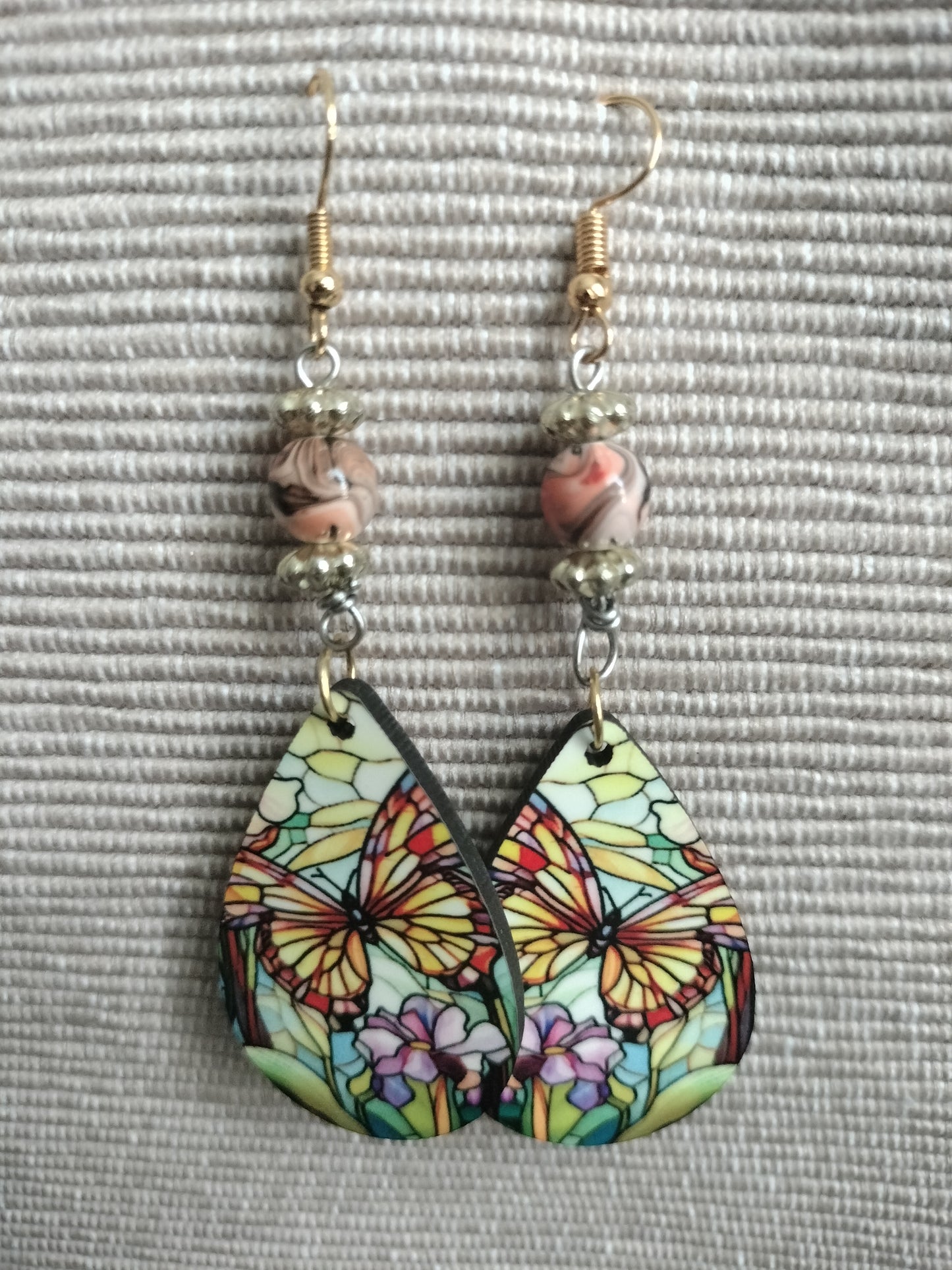 Tear drop Earrings - Beaded Peach Butterfly