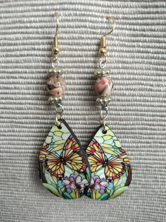 Tear drop Earrings - Beaded Peach Butterfly