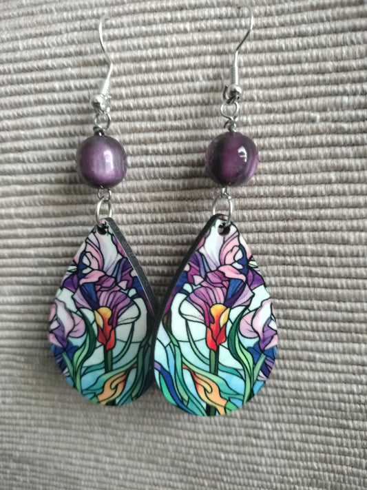 Tear drop Earrings - Beaded Purple Flower