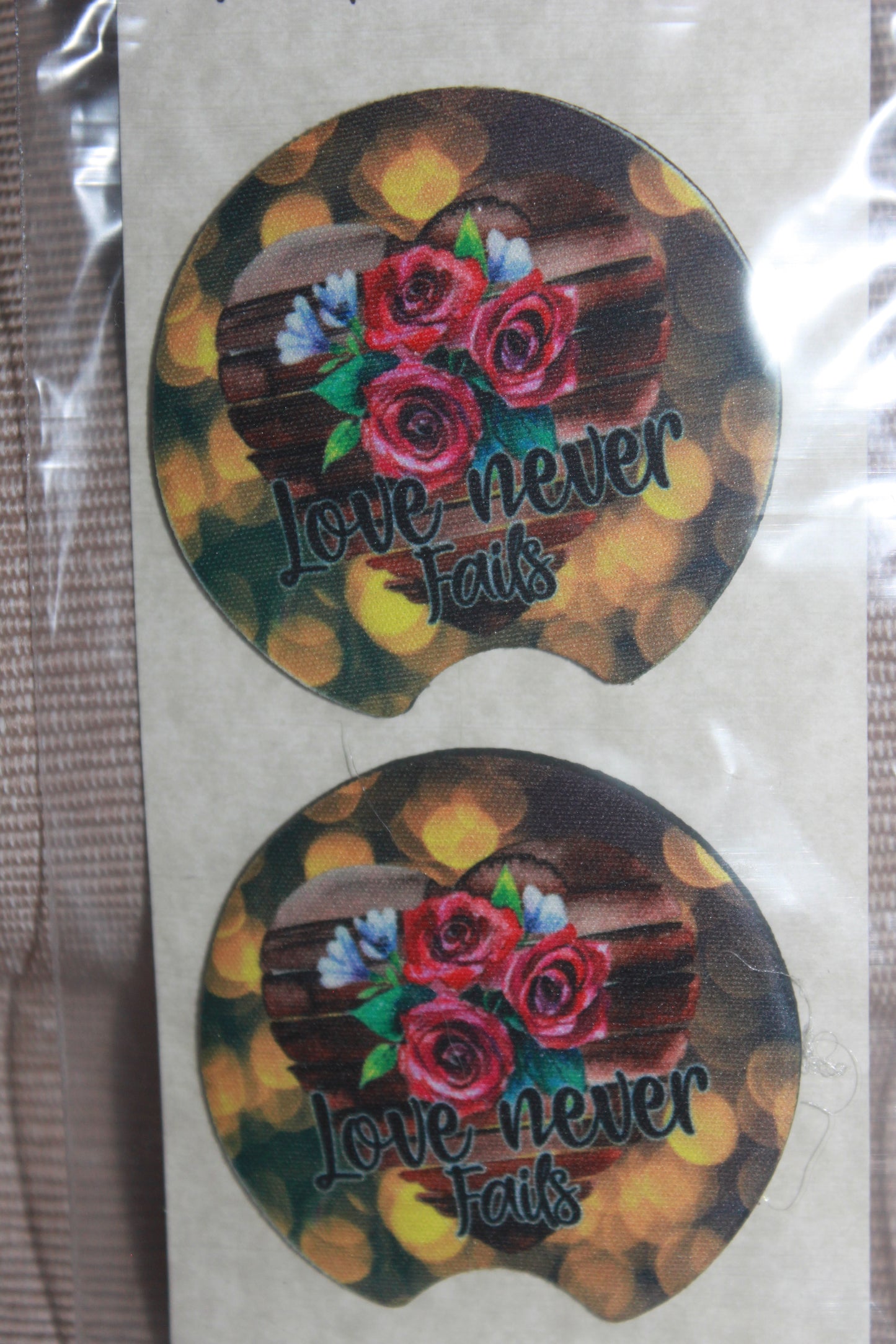 Set of 2 Car Coasters - Love Never Fails